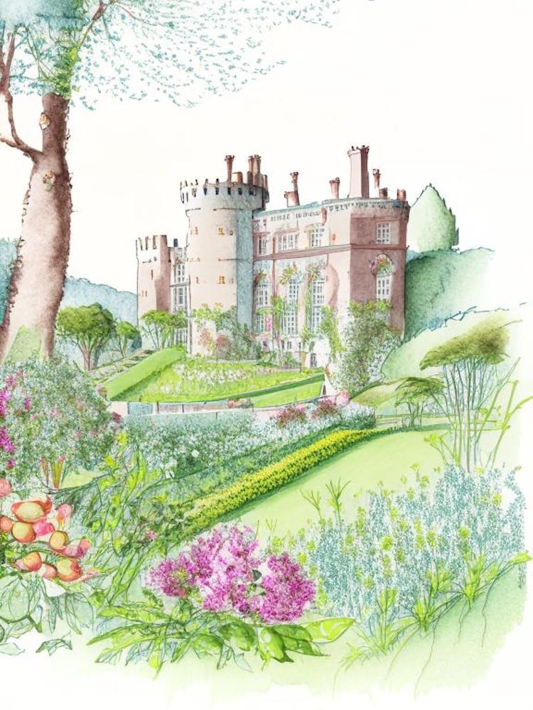 Powys Castle und Garten, Vereinigtes Königreich Vintage Bleistiftzeichnung