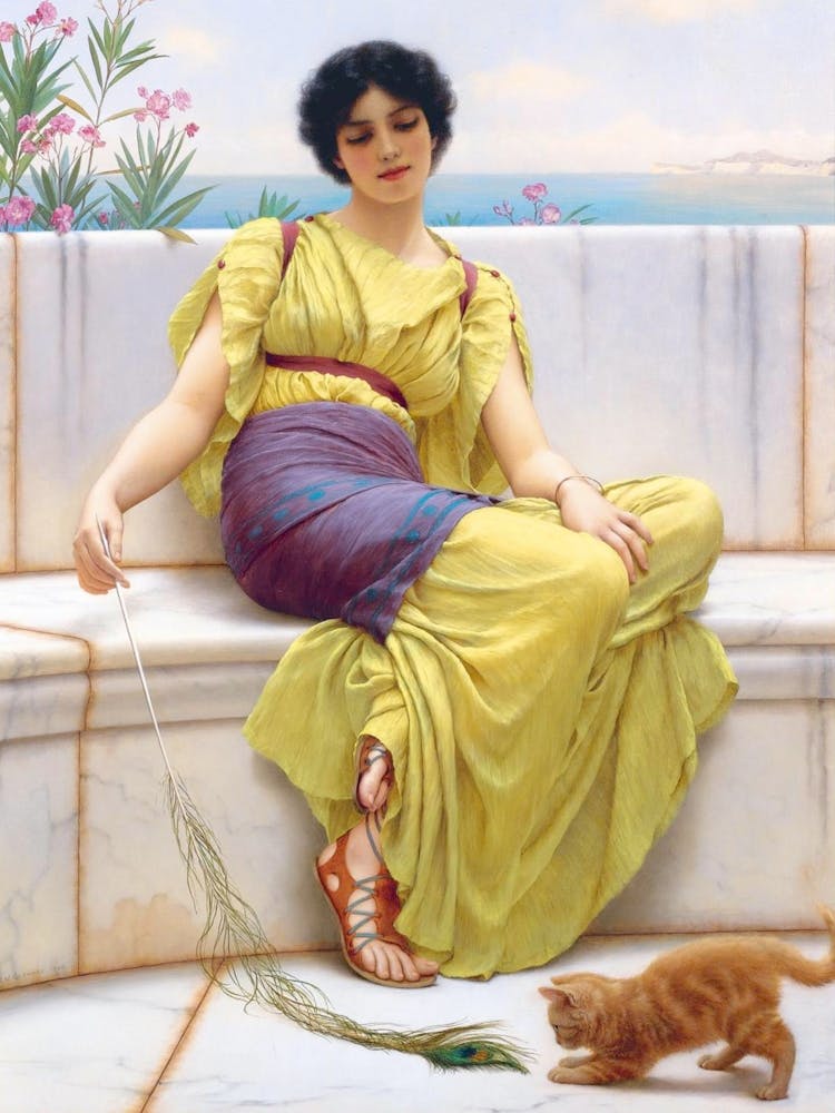 Idleness by John William Godward ~ Neoclassical art prints, Vintage painting designs, Classical woman artwork, Elegant marble bench art, Antique-inspired wall art, Godward feminine beauty, Tranquil classical aesthetic, Victorian-era painting decor, Redbub