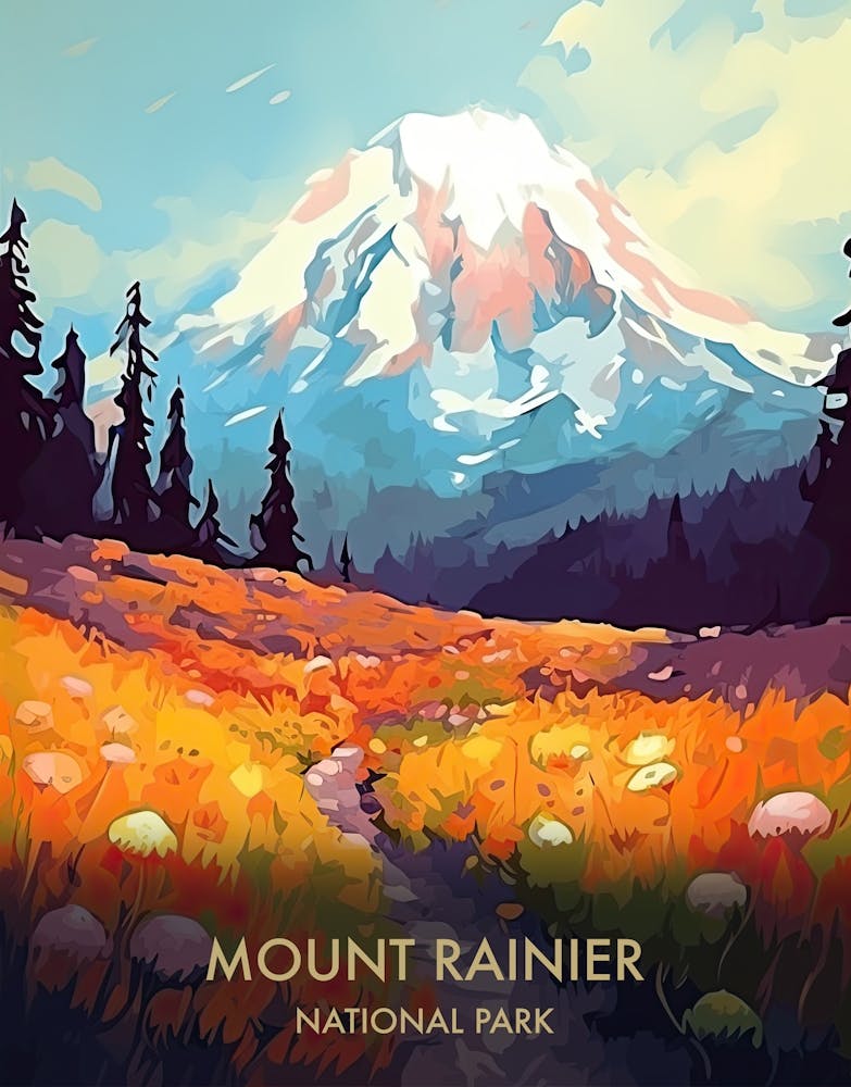 Mount Rainier National Park Travel Poster Illustration Style 2