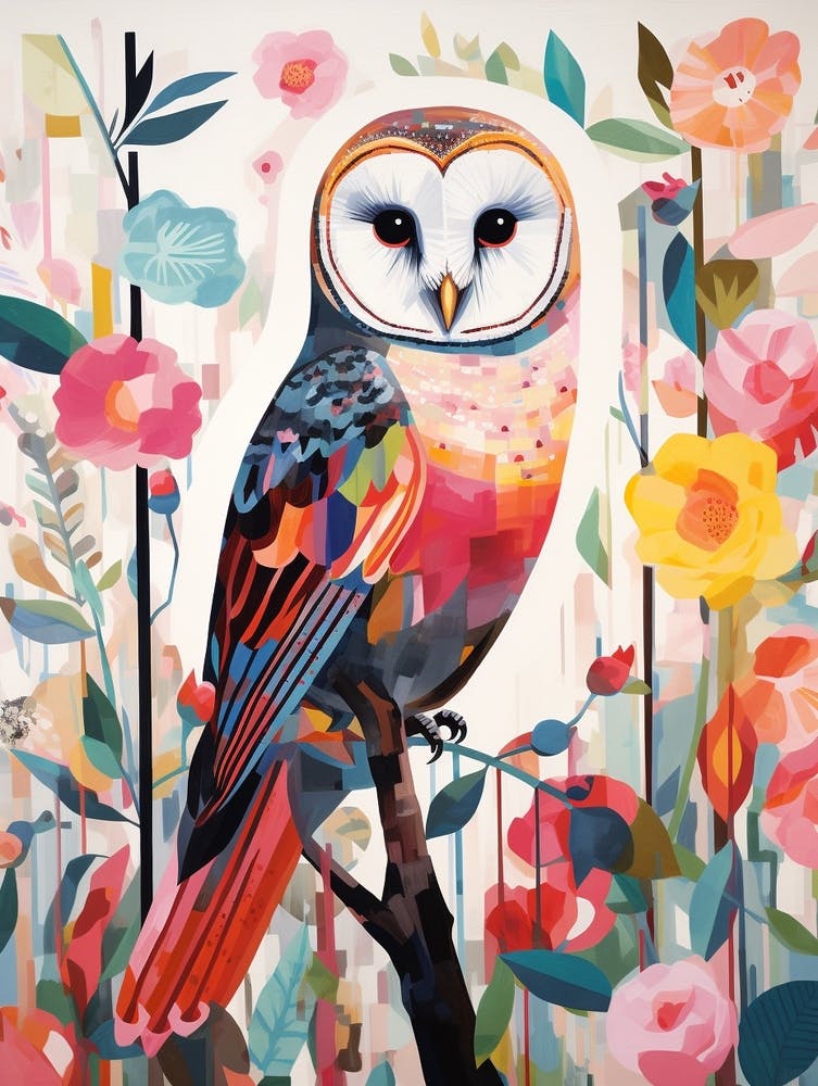 Collage-peinture d'oiseau Chouette effraie 1