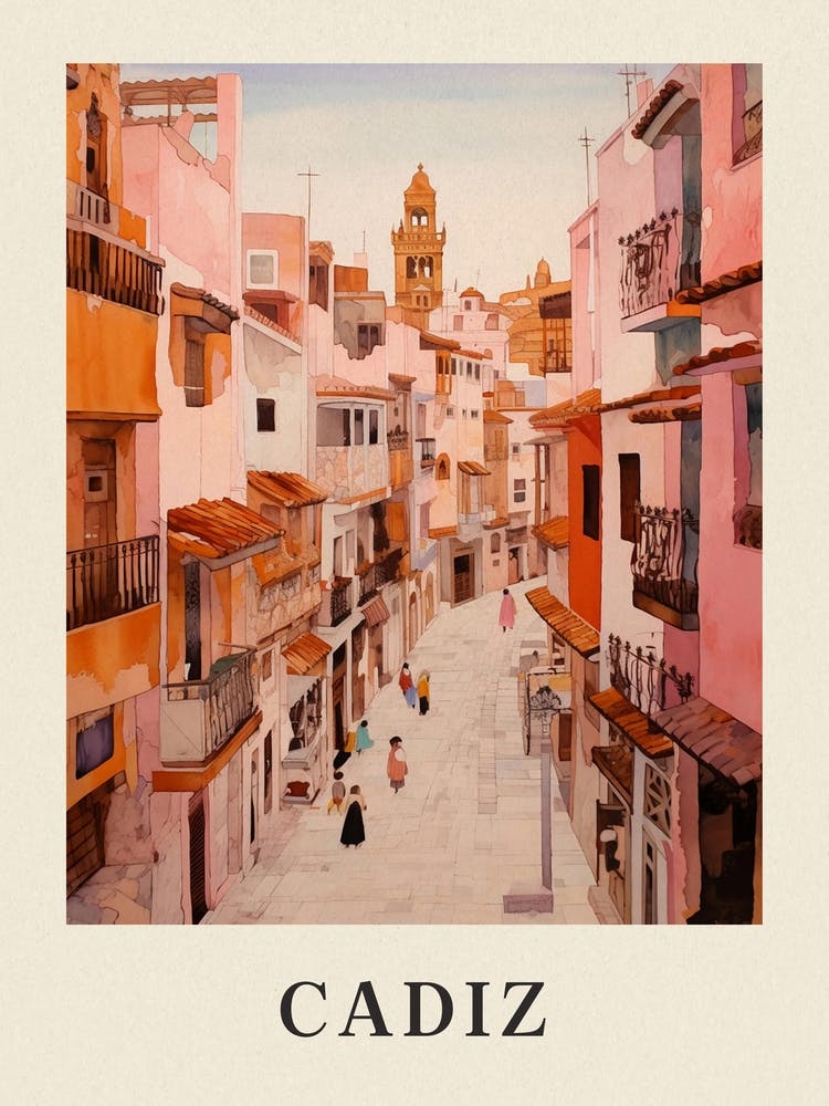 Cadiz Spanien 4 Vintage Pink Reiseillustrationsposter