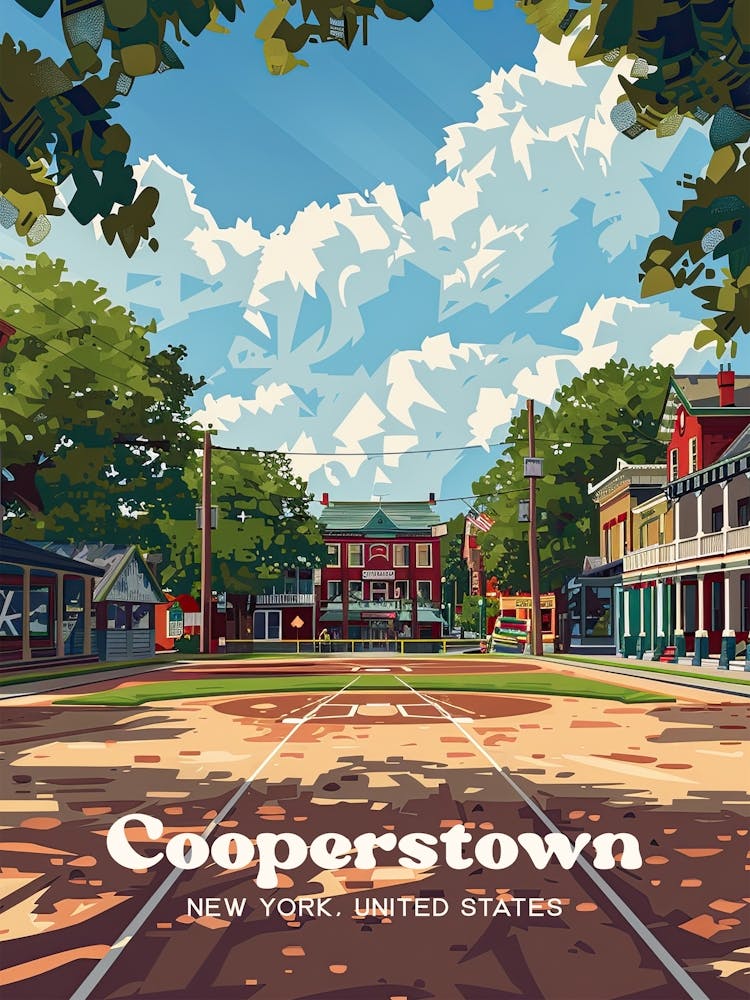 Cooperstown New York Baseball Travel Illustration