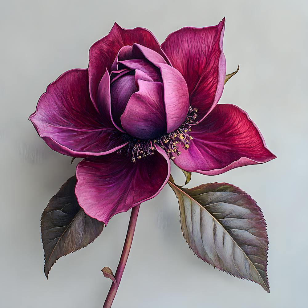 Burgundische Blüte: Realistische botanische Darstellung einer einzelnen Rosenblüte