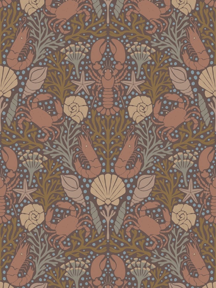 Nautical Damask Coral and Crustaceans Earth Tones Subtle Contrast