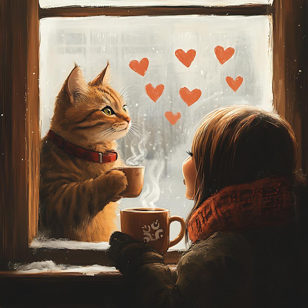 Katze und Person teilen heißen Kakao Kunstwerk 1