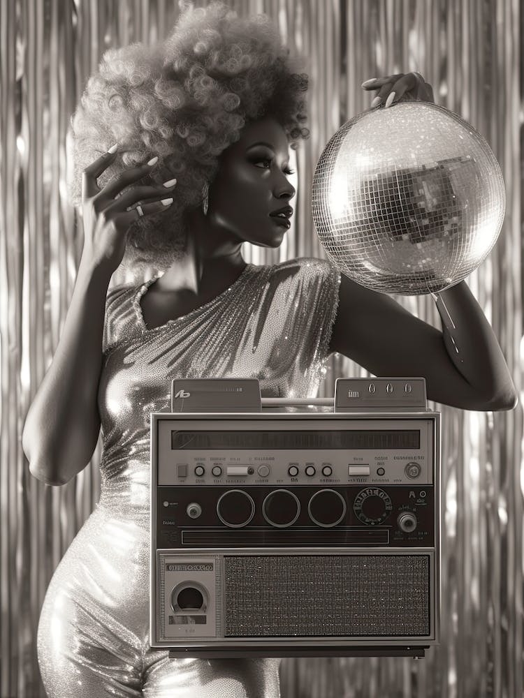 Black And White Woman With A Disco Ball And Boombox 2
