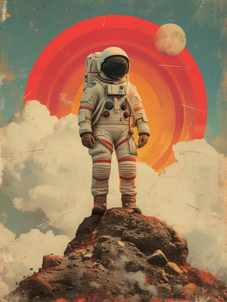 Space Odyssey: Retro Poster featuring Asteroids, Rockets, and Astronauts: Astronaut Standing On Top Of A Mountain