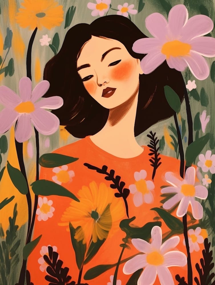 Woman With Autumnal Flowers Cosmos