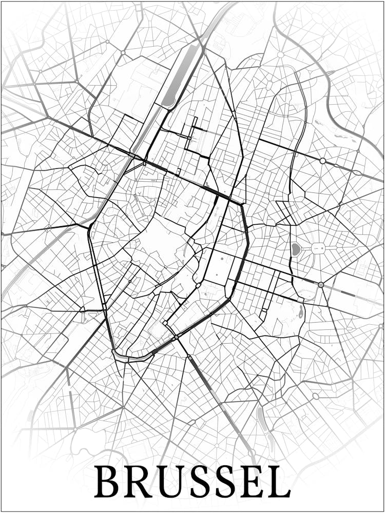 Brussel, België, City Map, Black And White Fade Design
