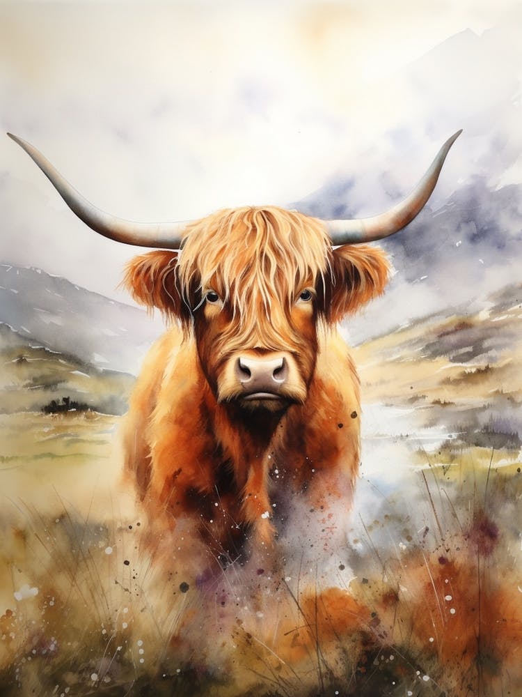 Highland Cow By The Lake Watercolour  1