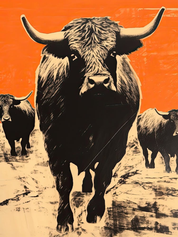 Highland Cattle, Woodblock Animal Drawing 2