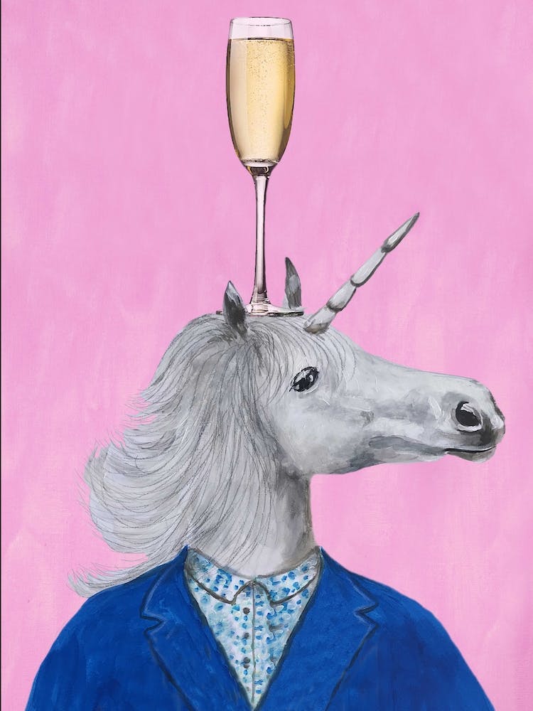 Unicorn With Champagne Glass Pink & Blue