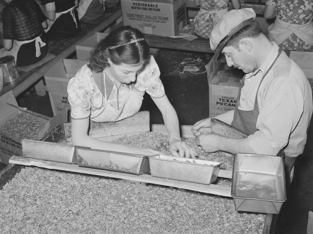 Owner Of Pecan Shelling Plant With Girl Who Is Separating The Whole Meats From The Broken Ones, Union Plant
