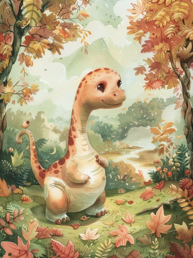 Dinosaur In The Autumn Leaves Storybook Style 2
