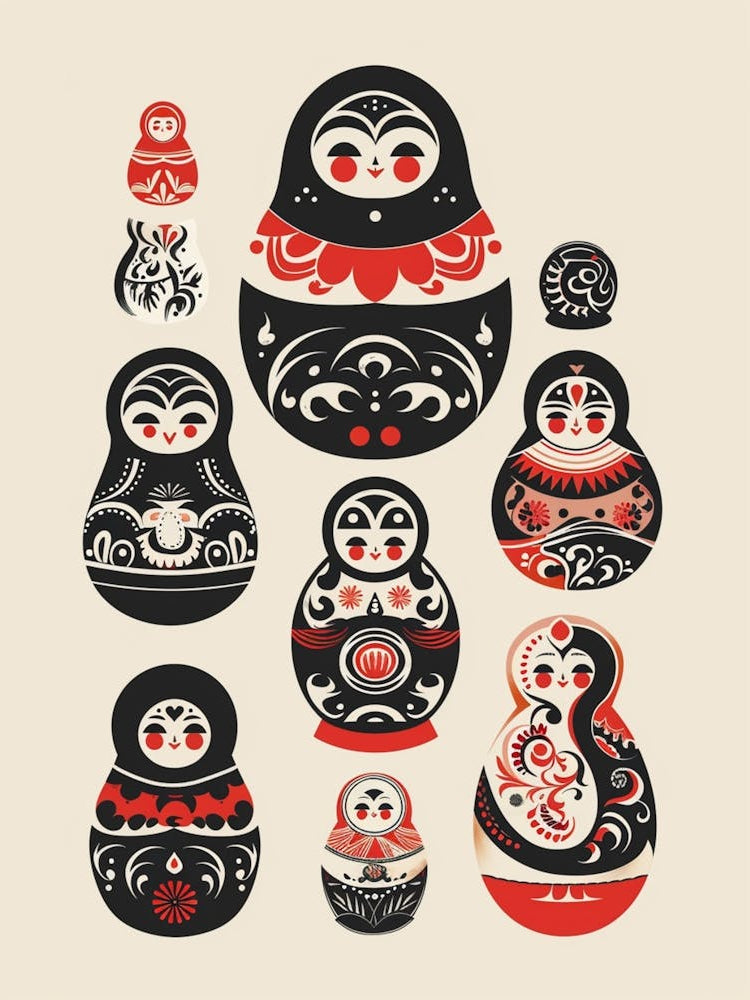 A Set Of Russian Dolls, Featuring Chinese Kushulan Paper Cuttings, In Flat Style,