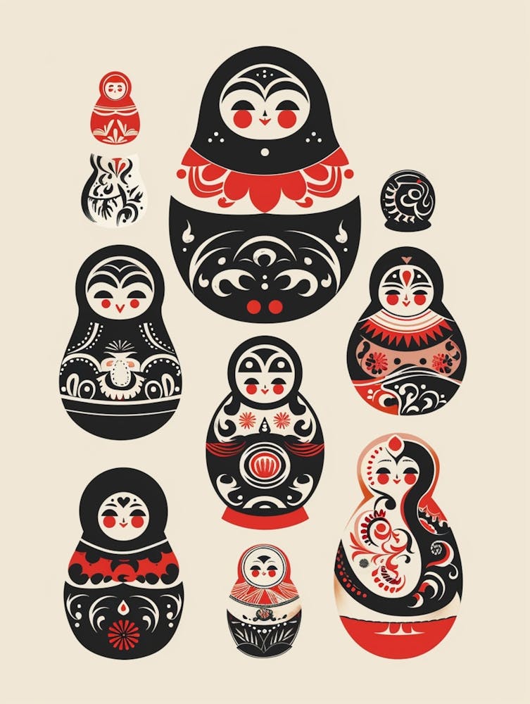 A Set Of Russian Dolls, Featuring Chinese Kushulan Paper Cuttings, In Flat Style,