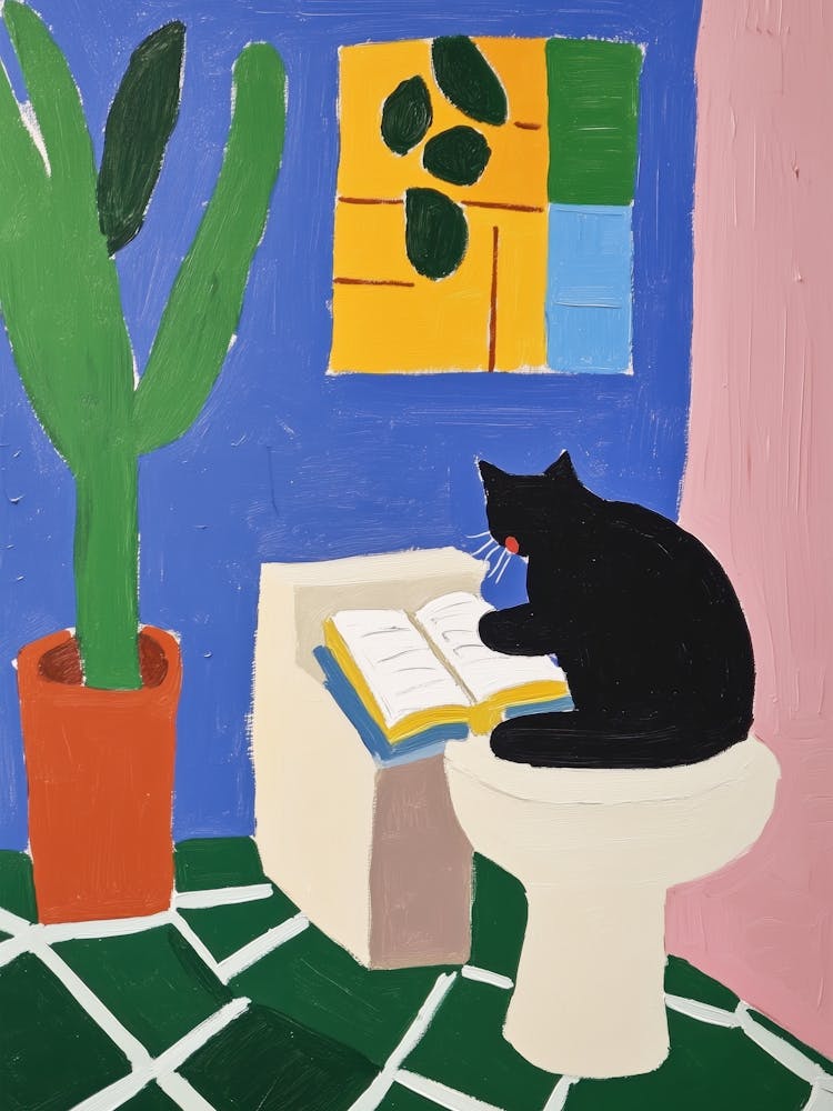 Cat Reading on the Toilet