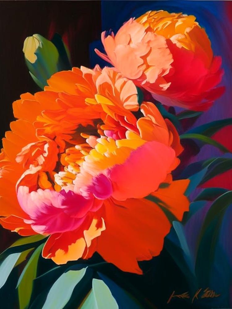 Karl Rosenfield Peonies Orange Colourful Painting