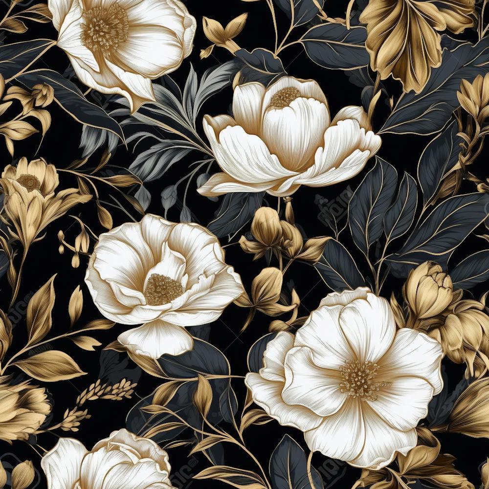 White and Gold Flowers on Black Background
