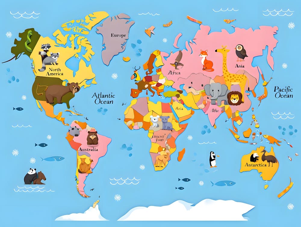 Educational World Map for Kids with Animals Print - Cartoon Geography