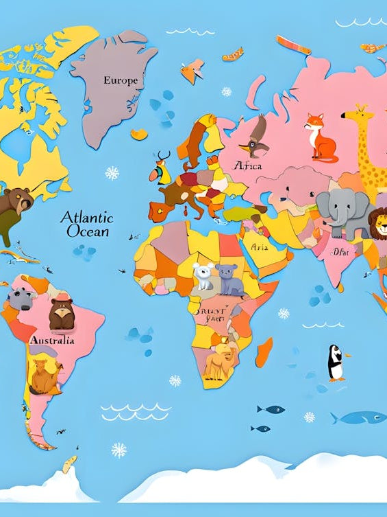 Educational World Map for Kids with Animals Print - Cartoon Geography