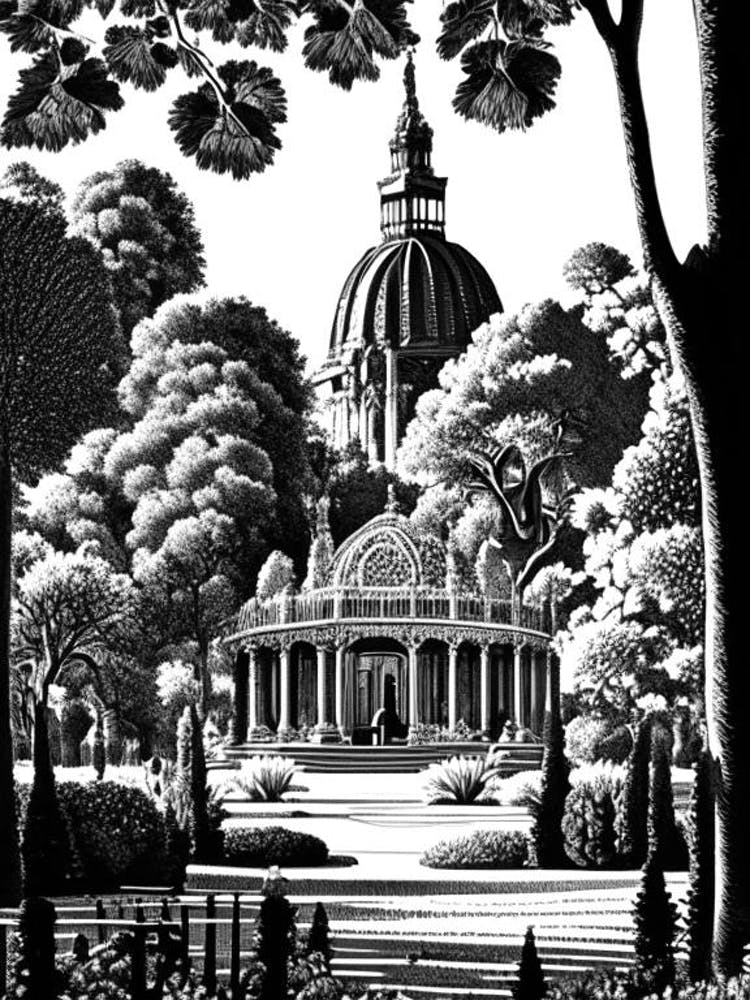 Parque Del Retiro, Spain Linocut Black And White Vintage