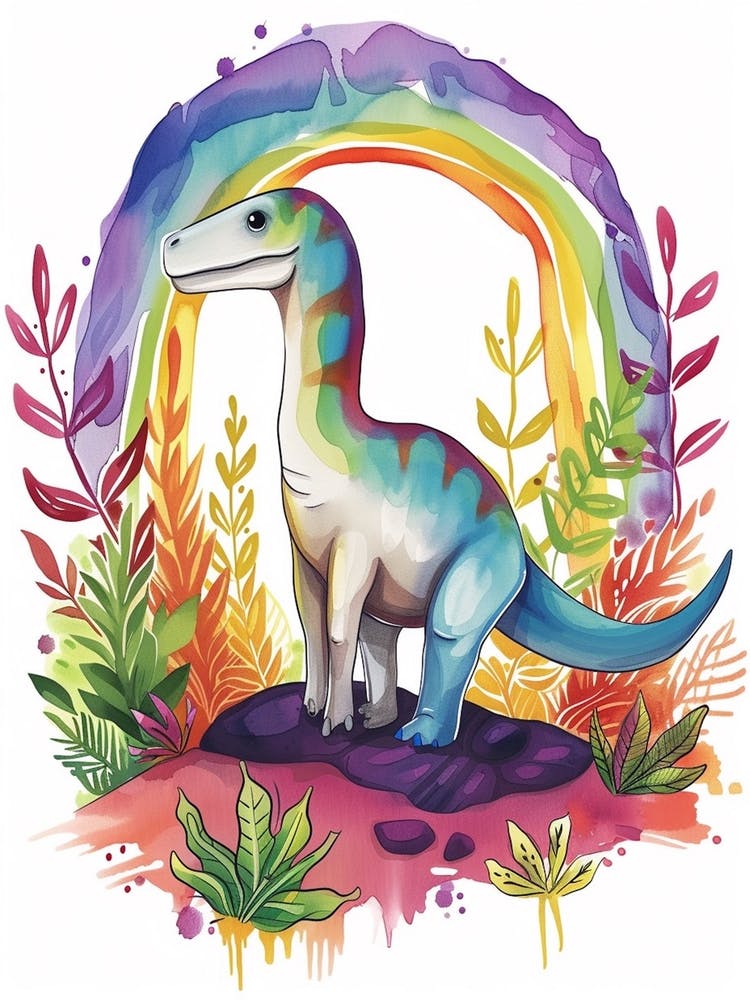 Regenbogen-Aquarell Dryosaurus Dinosaurier 4