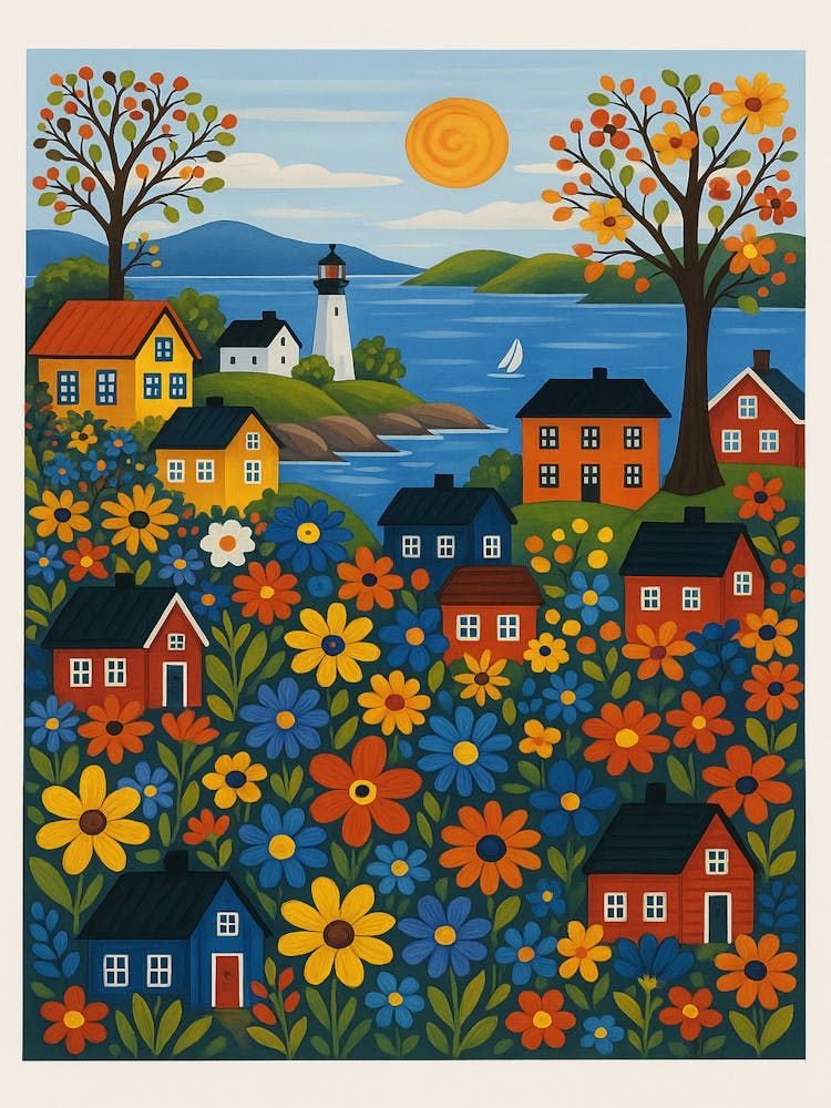 Colorful Village and Lighthouse Wall Art - Whimsical Floral Landscape - Digital Download Print