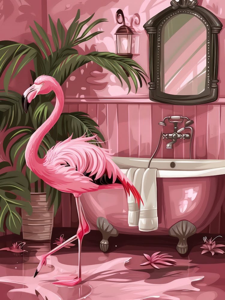 Pink Flaming In Bathroom Print Tropical Jungle Home Decor Funny
