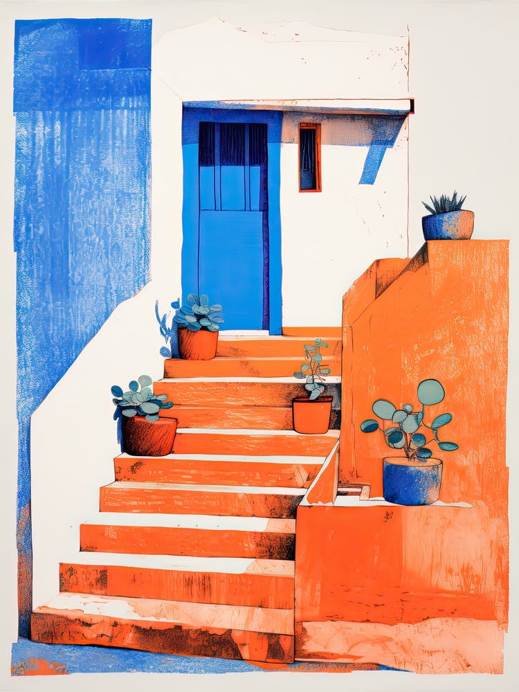 A House In Santorini, Abstract Risograph Style 2