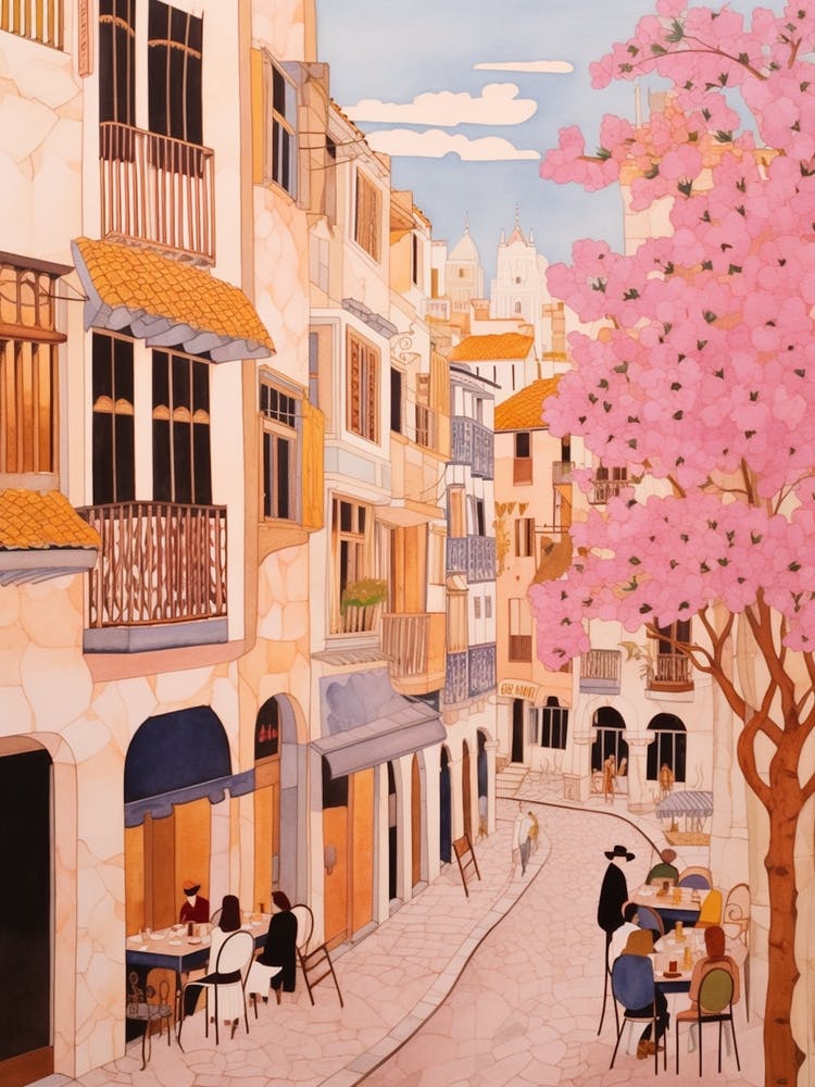 Alicante Spain 3 Vintage Pink Travel Illustration