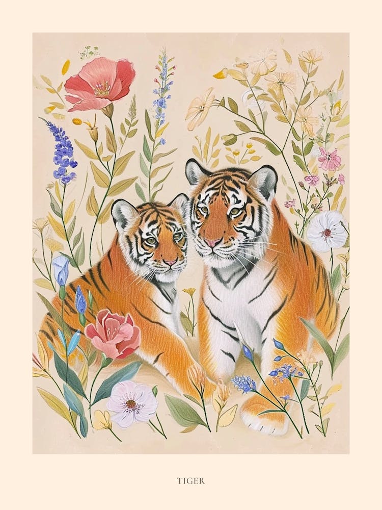 Folksy Floral Animal Drawing Tiger 3 Poster