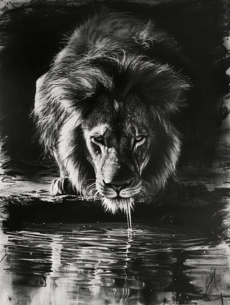 Barbary Lion Charcoal Drawing Drinking 3