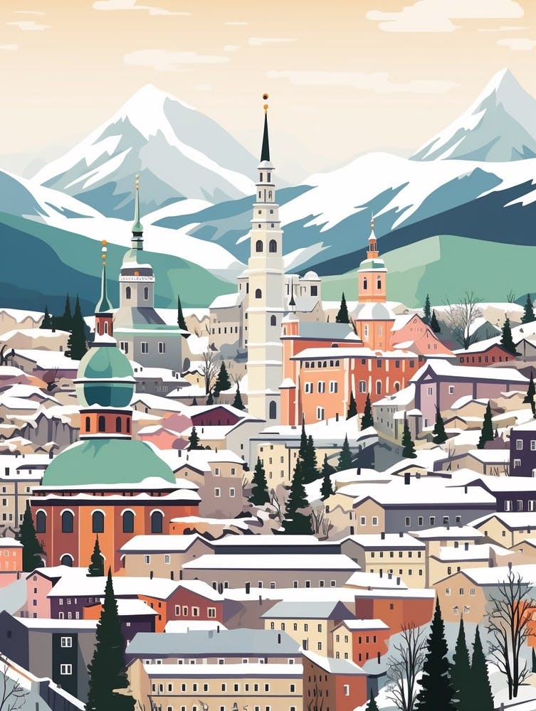 Retro Winter Illustration Salzburg Austria 1