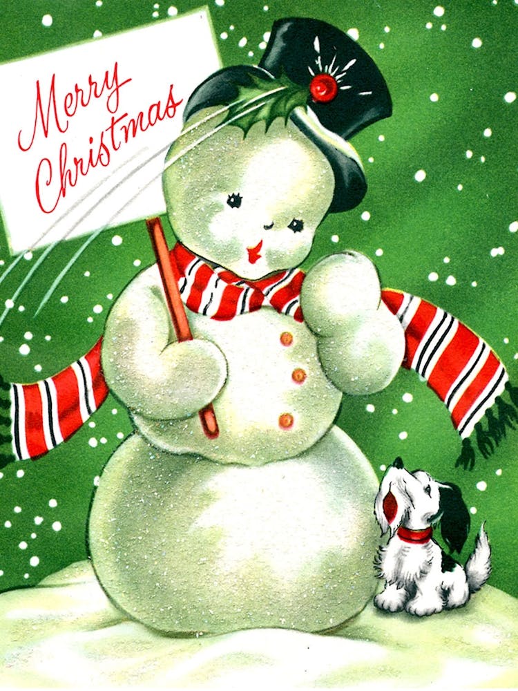 Schneemann und ein kleiner Hund draußen wünschen frohe Weihnachten