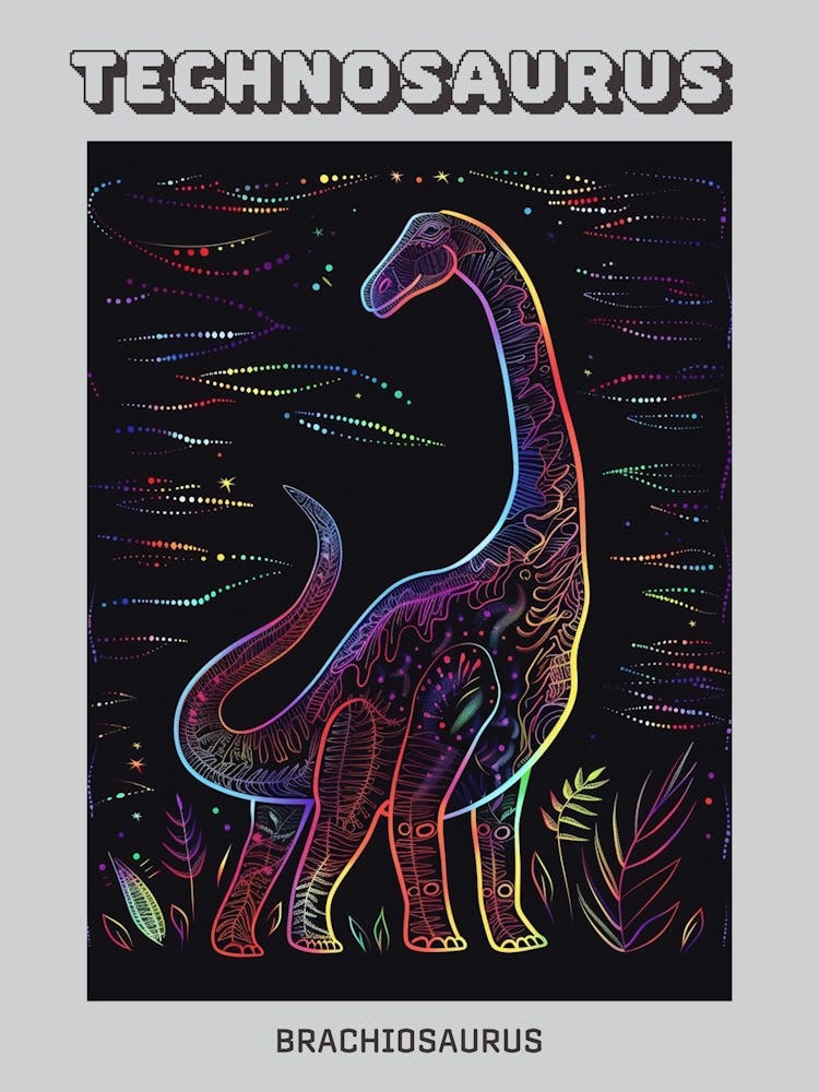 Abstract Neon Line Illustration Brachiosaurus 2 Poster