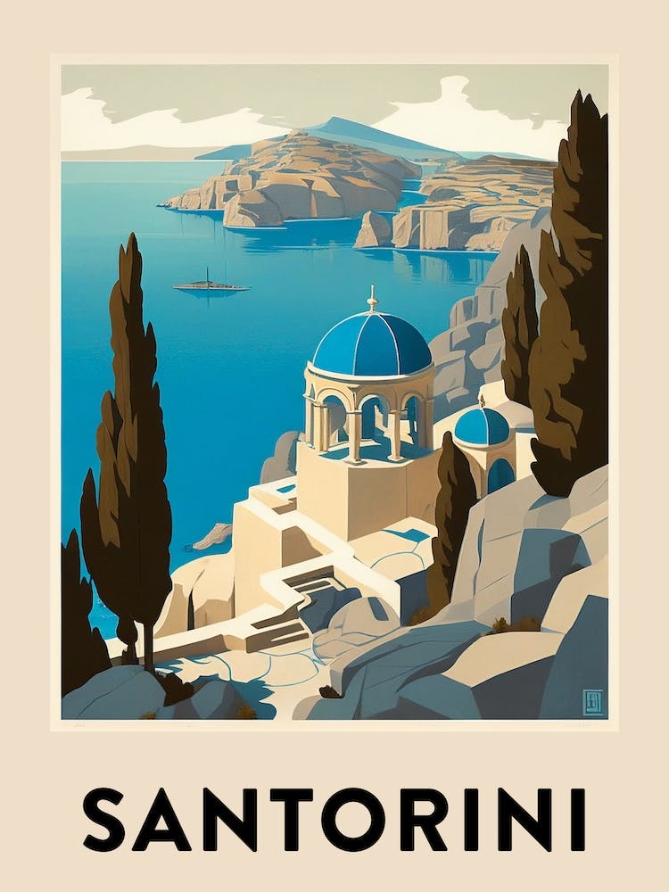 Santorini 5 Vintage Travel Poster