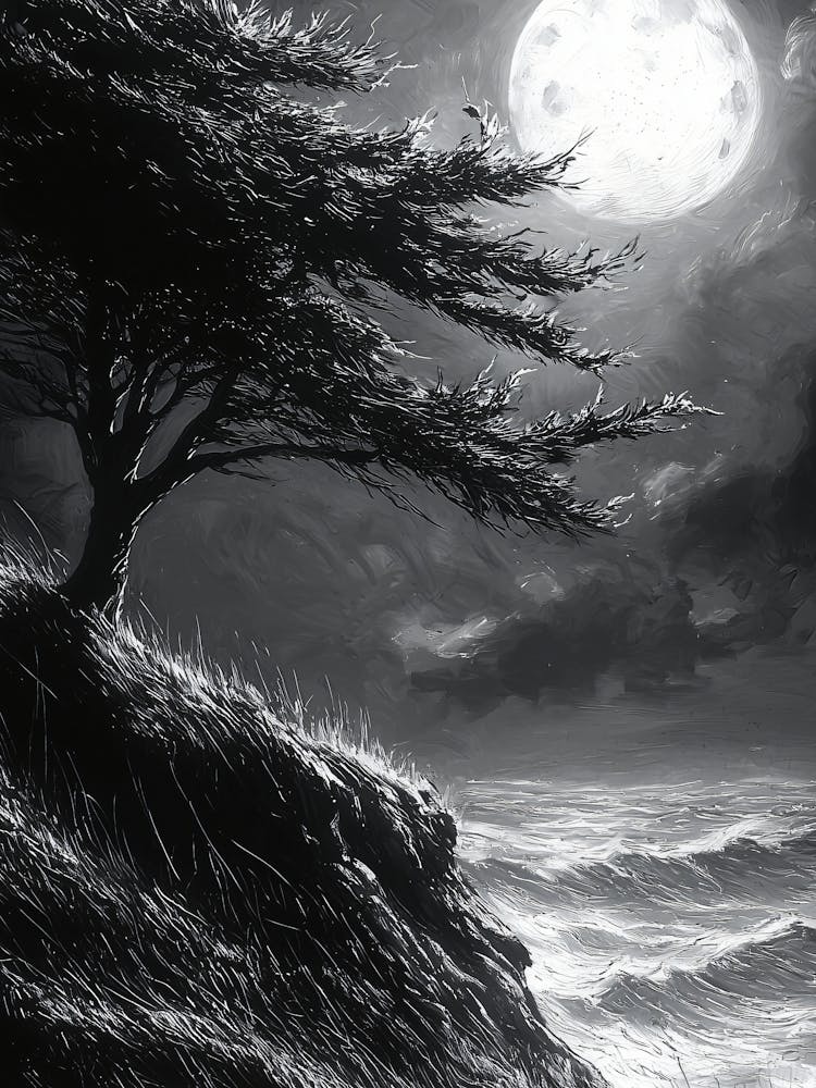 Full Moon In The Sky, Monochrome, Charcoal Style