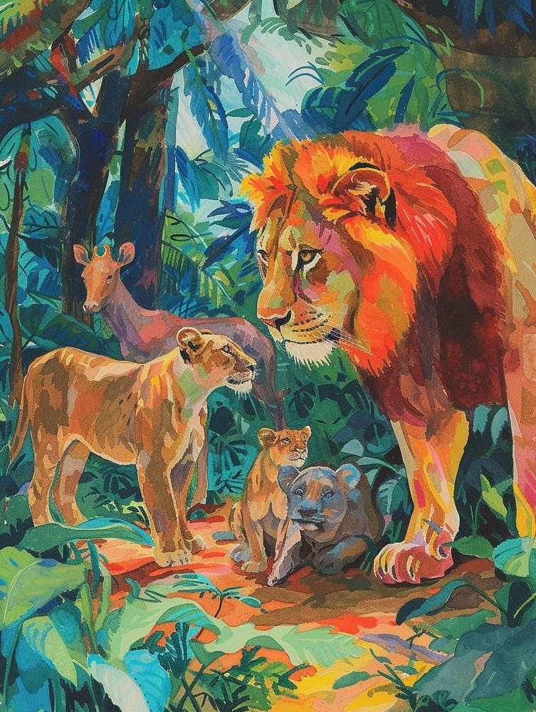 Asiatic Lion Interaction With Other Wildlife Fauvist Painting 2