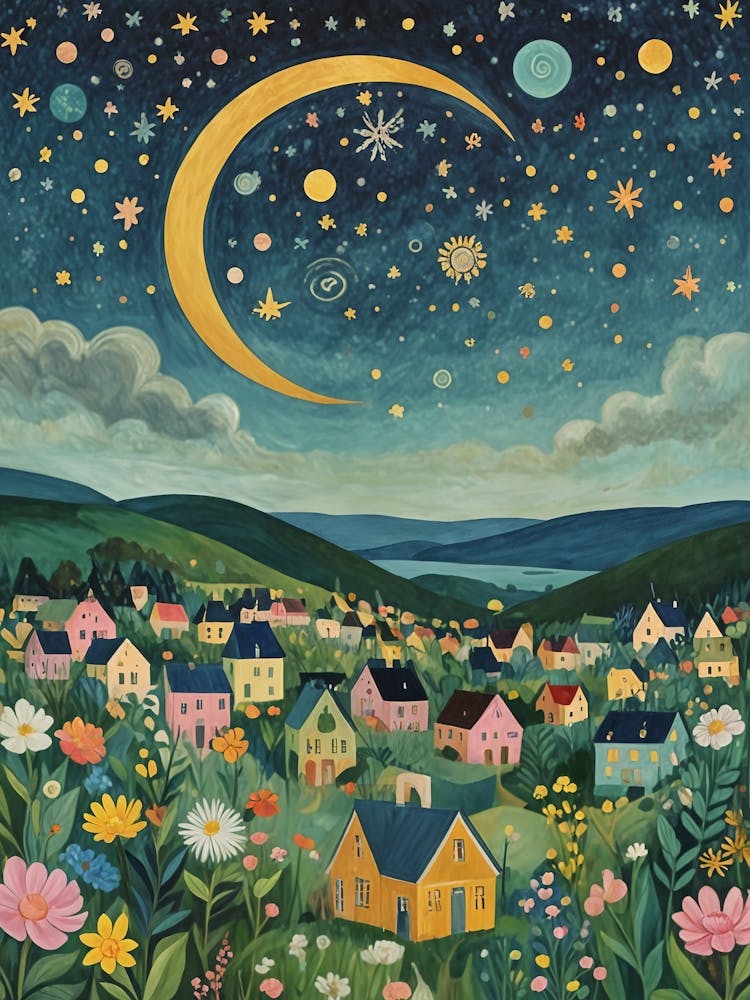 Colourful Village Under The Moon And Stars