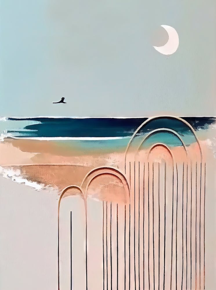 Flight Of The Seagull At Night - Abstract Minimal Boho Beach
