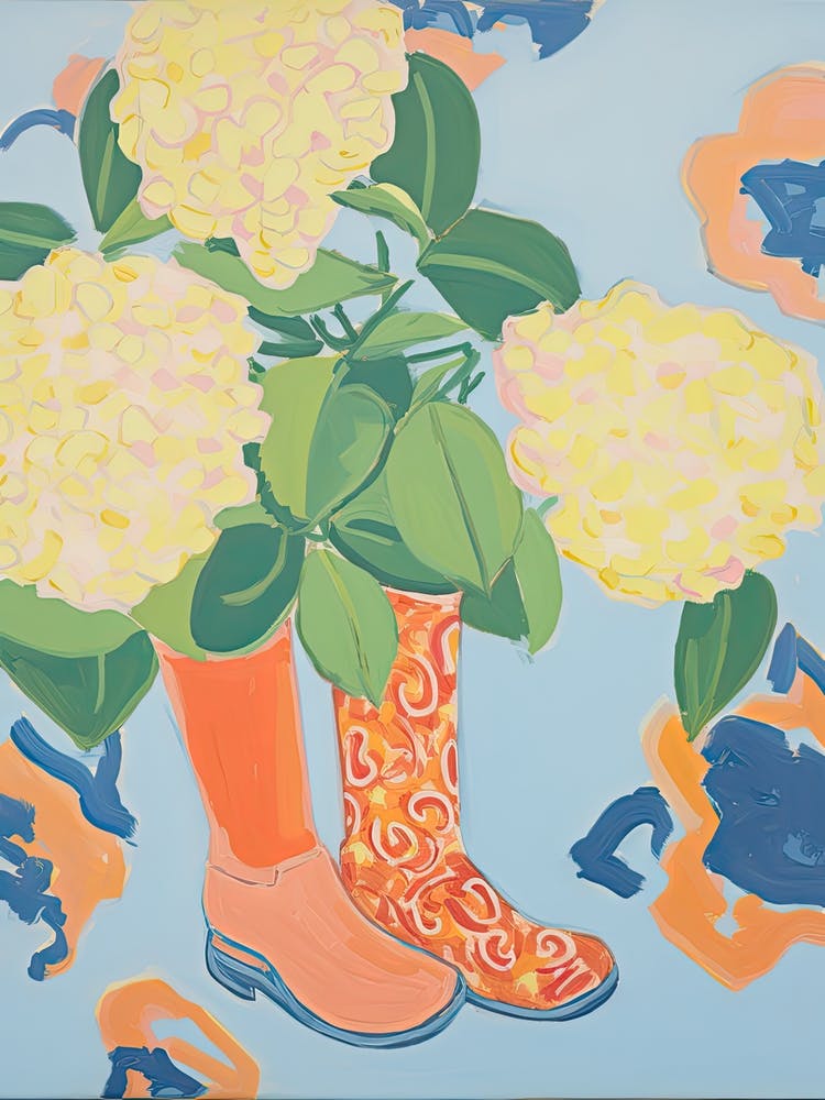 Painting Of Flowers And Cowboy Boots, Oil Style