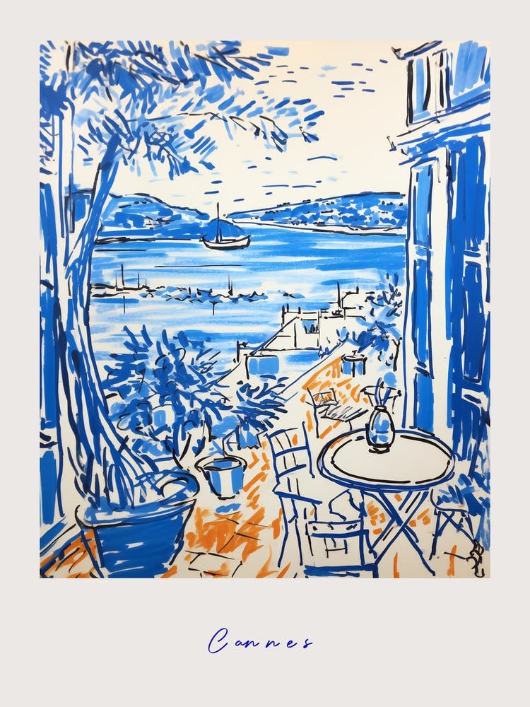 Cannes France 4 Mediterranean Blue Drawing Poster
