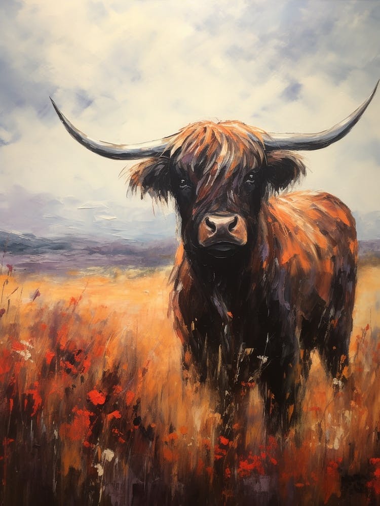 Warm Tones Impressionism Style Paintingh Of Highland Cow In The Valley 1