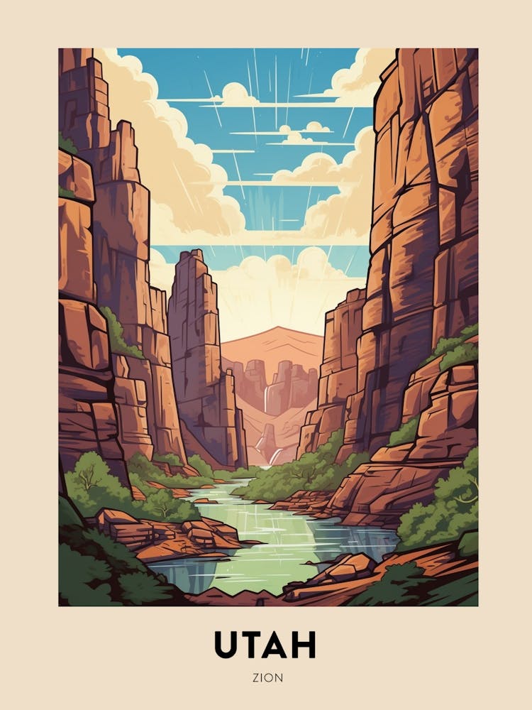 Zion Narrows Usa 2 Vintage Hiking Travel Poster