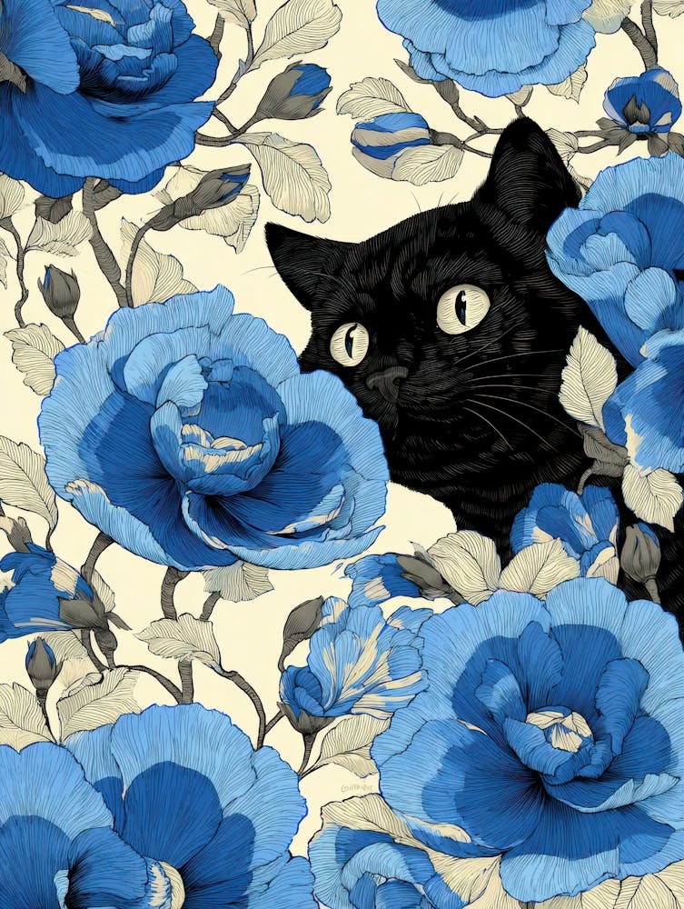 Black Cat In Blue Roses