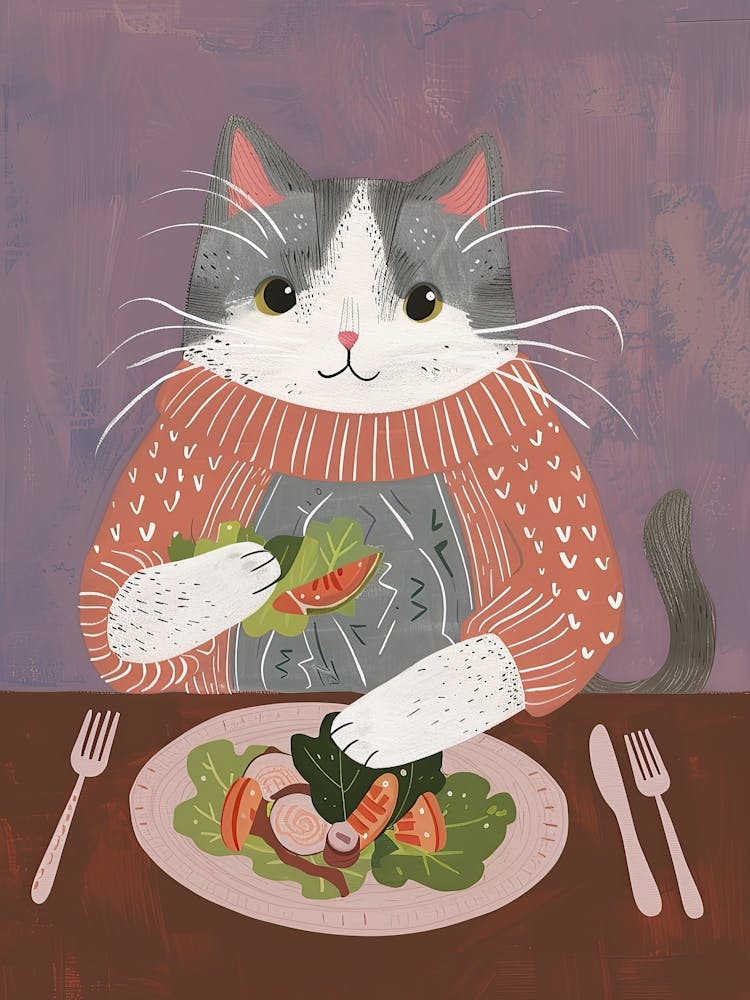 Cute Grey Cat Eating Salad Folk Illustration 3