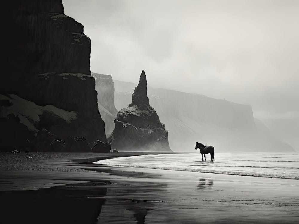 Une peinture à l'huile d'un cheval sur la plage de Reynisfjara, Islande, Paysage 2