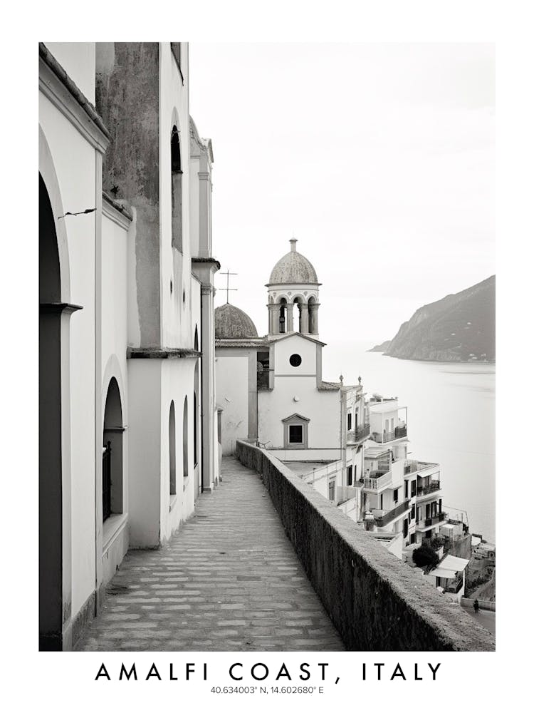 Poster Of Amalfi Coast, Italy, Black And White Analogue Photograph 2