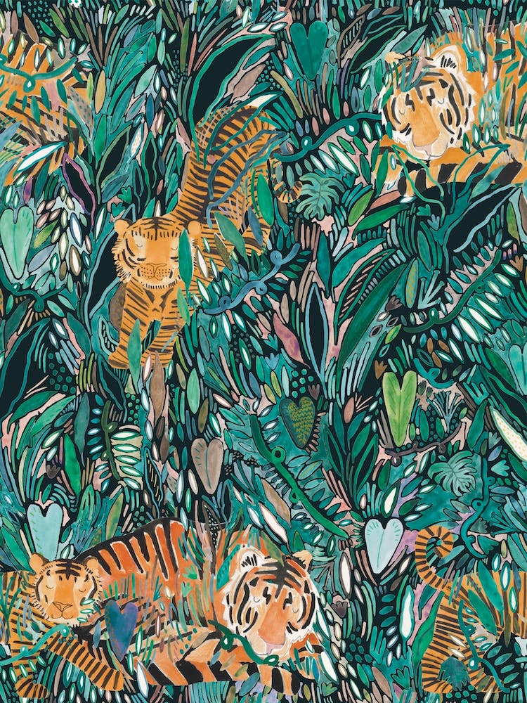 Watercolour Green Jungle With Sleeping Tigers 
